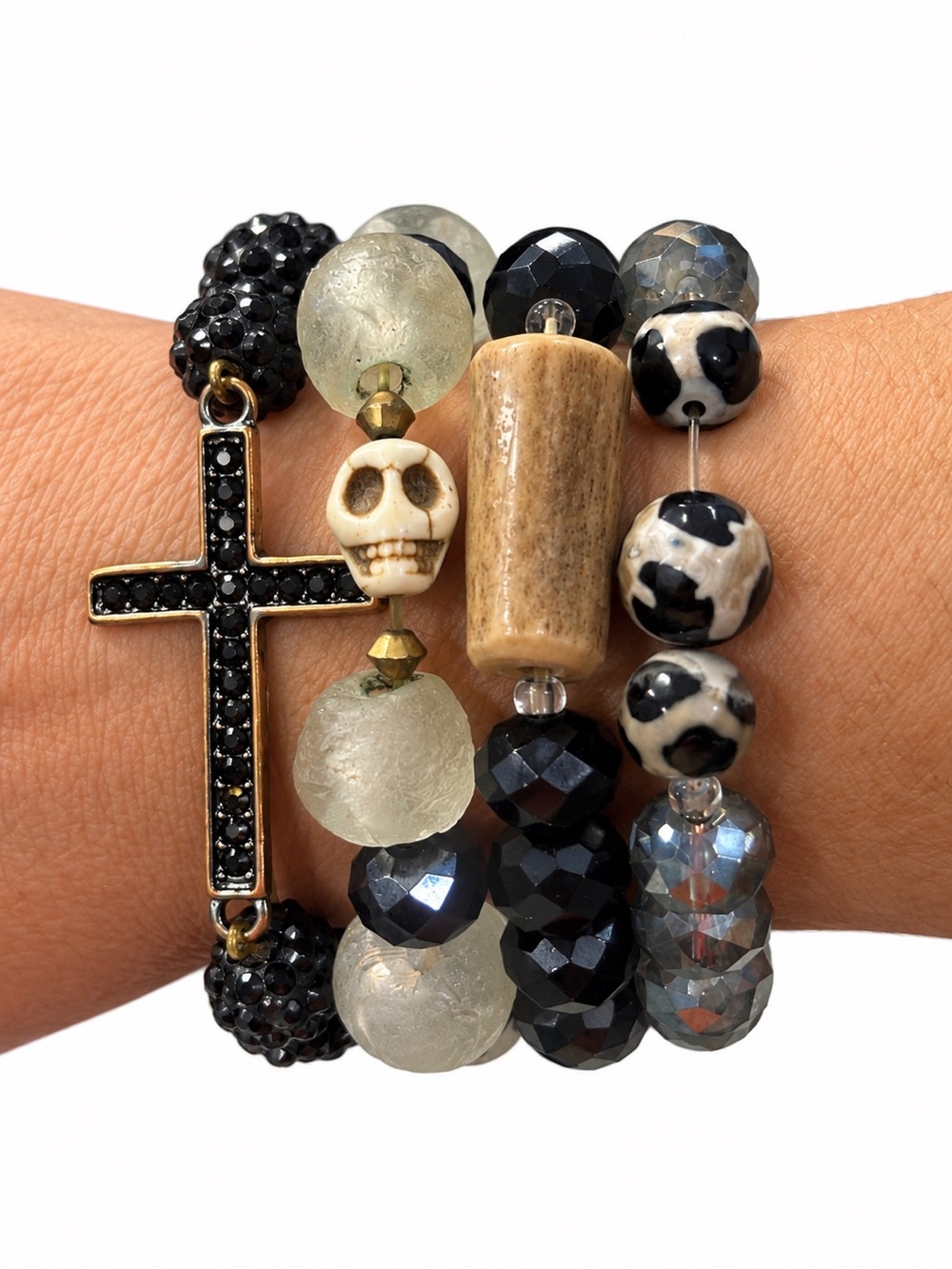 Black Cross and Beaded Skull Stackable Bracelet Set